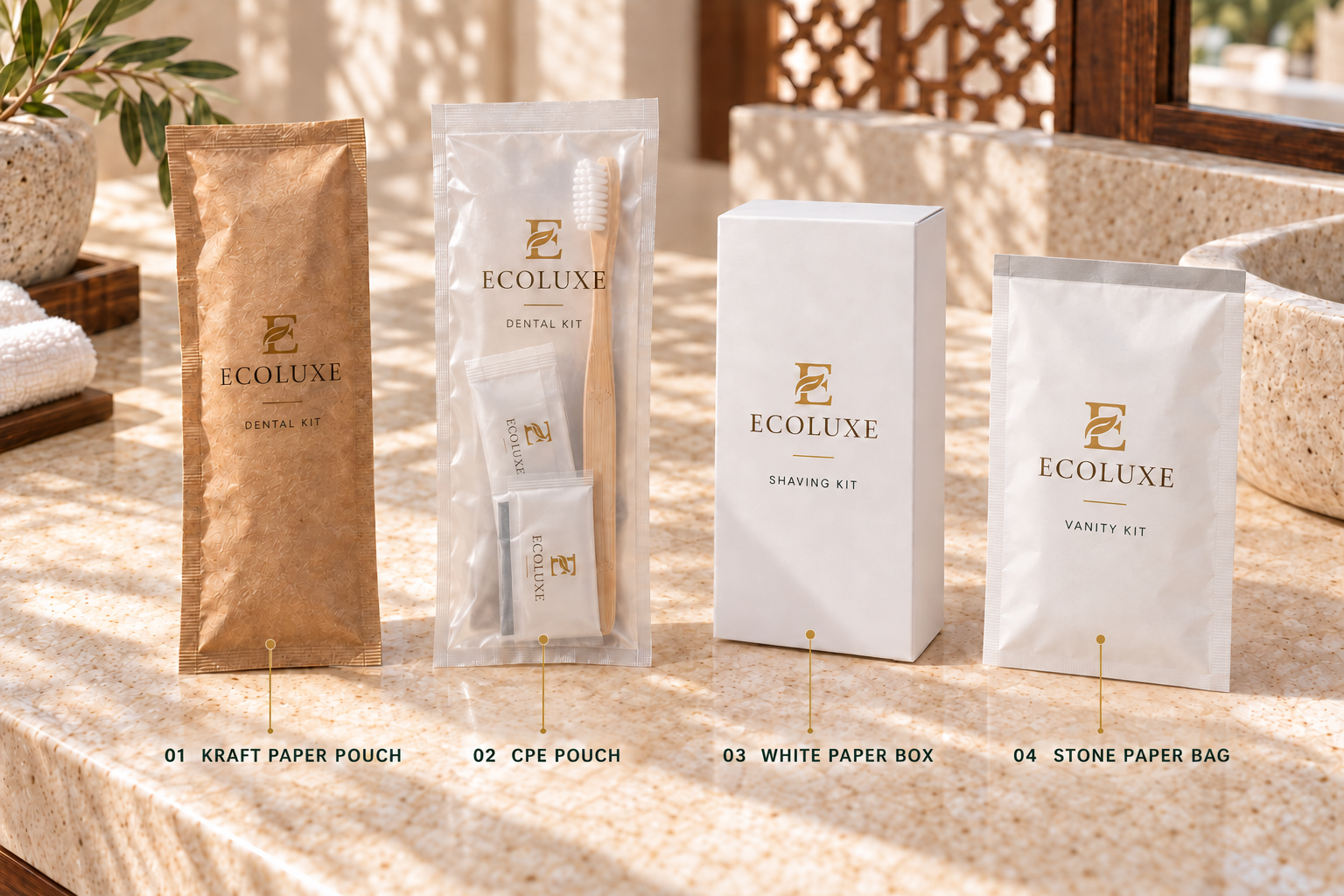 ECOLUXE packaging options with four labels and pointers: 01 kraft paper pouch, 02 CPE pouch with visible dental kit contents, 03 white paper box, 04 stone paper bag