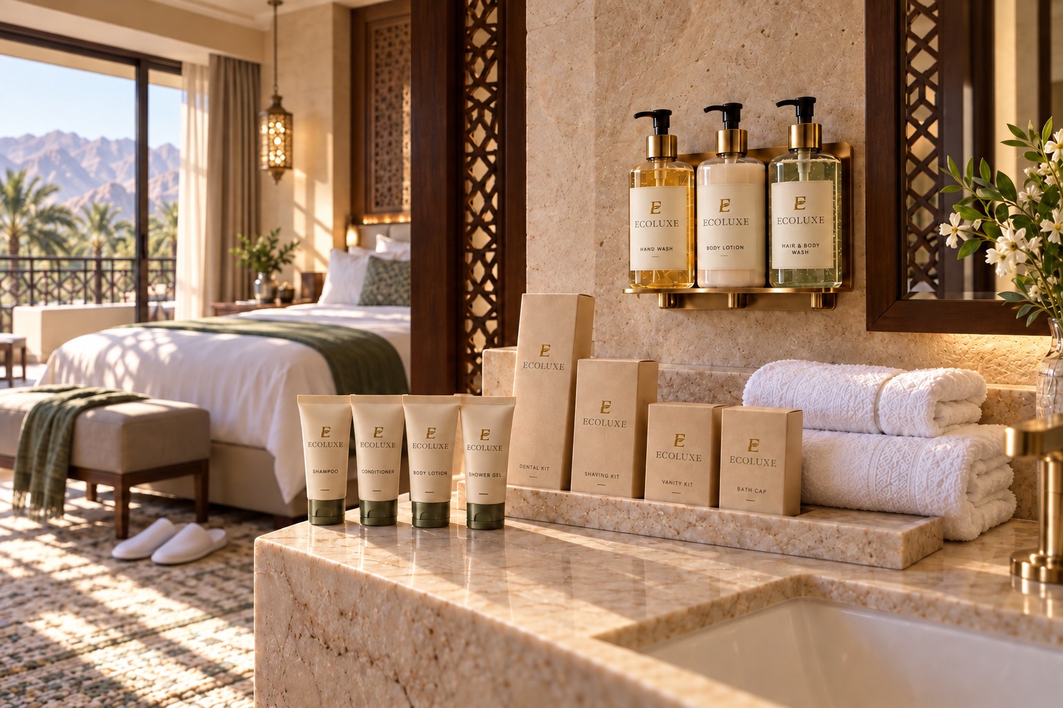 ECOLUXE guest amenities in a hotel wash area, with wall-mounted bottles, kraft tubes, bath linens, OS&E items and a pair of guest slippers