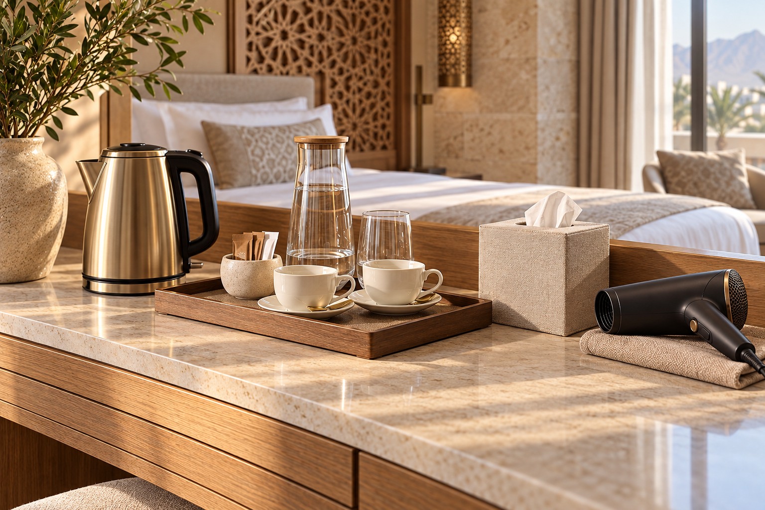 Hotel OS&E: kettle, ceramic cups, carafe, tissue box, hair dryer and room tray