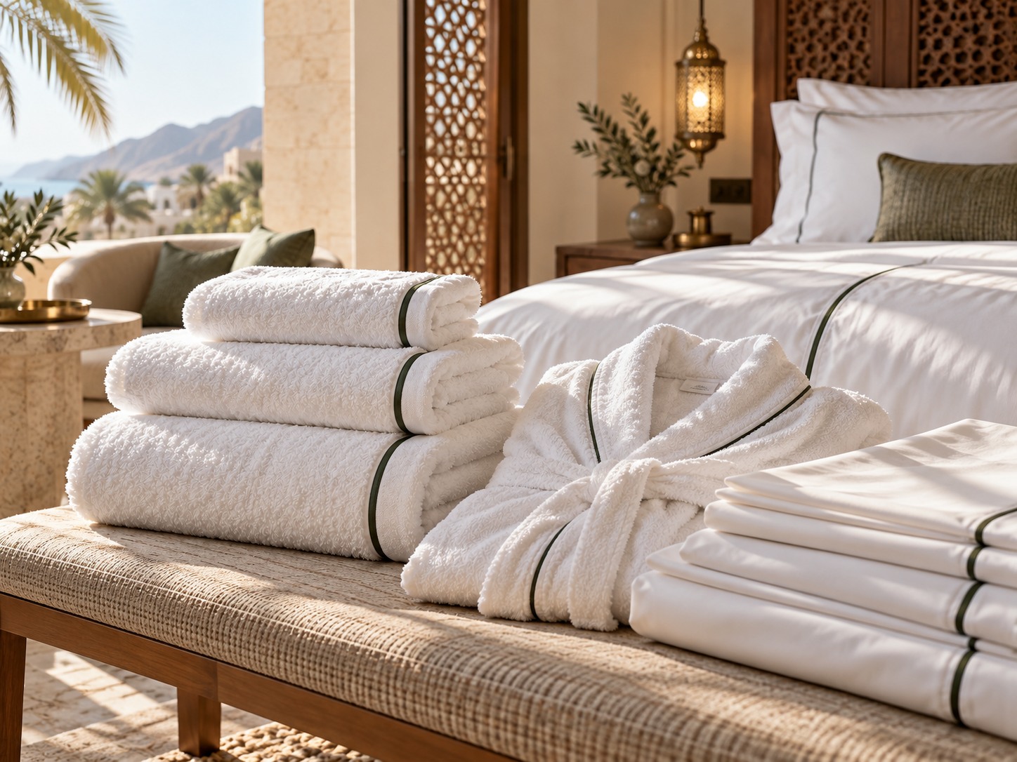 Carefully folded white hotel linen and towels