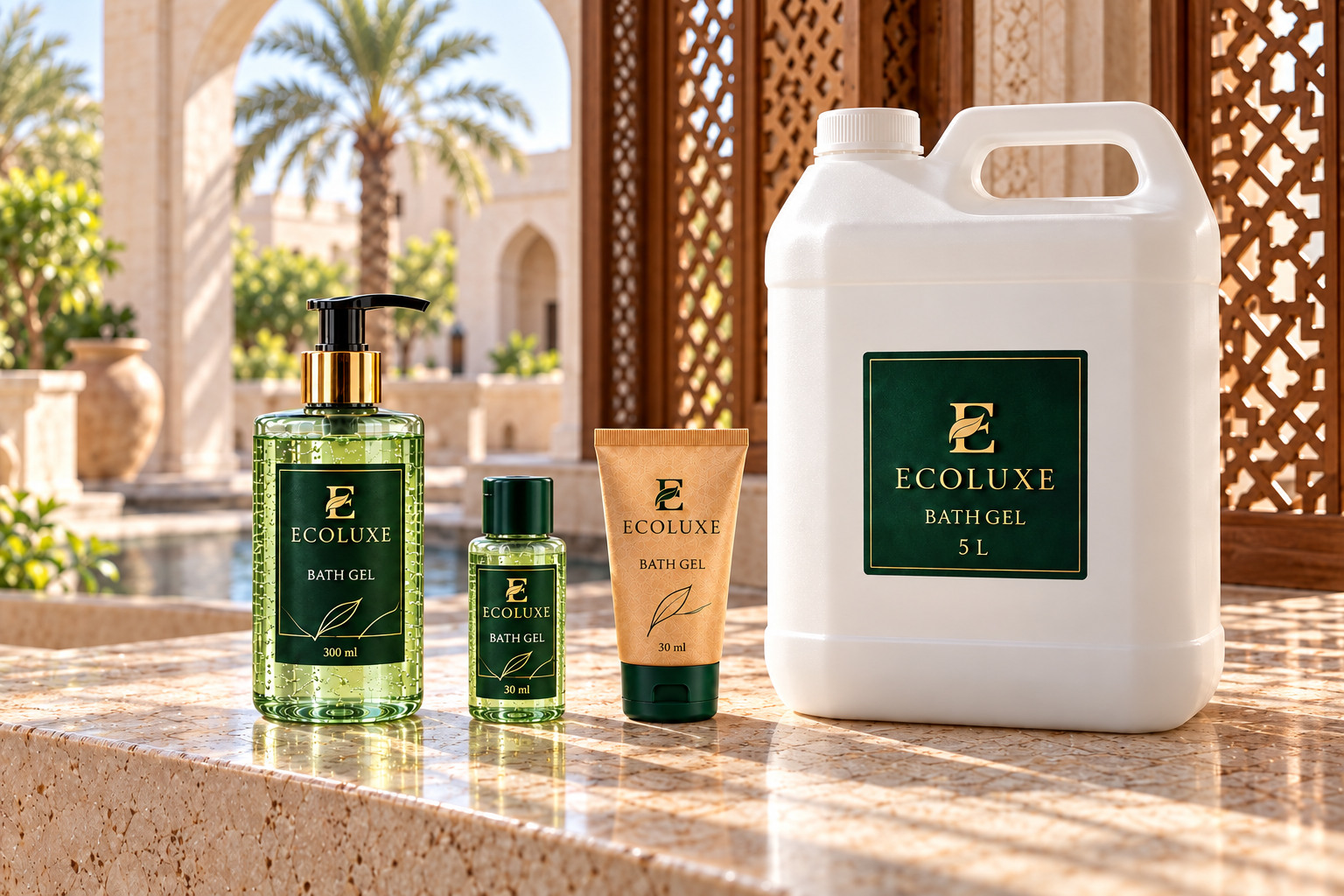 ECOLUXE Bath Gel in 300 ml bottle, 30 ml mini bottle, 30 ml tube and 5 Ltr white gallon