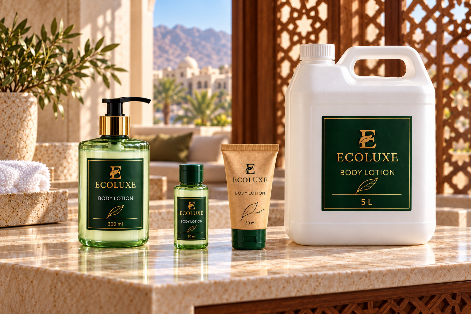 ECOLUXE Body Lotion in 300 ml bottle, 30 ml mini bottle, 30 ml tube and 5 Ltr white gallon