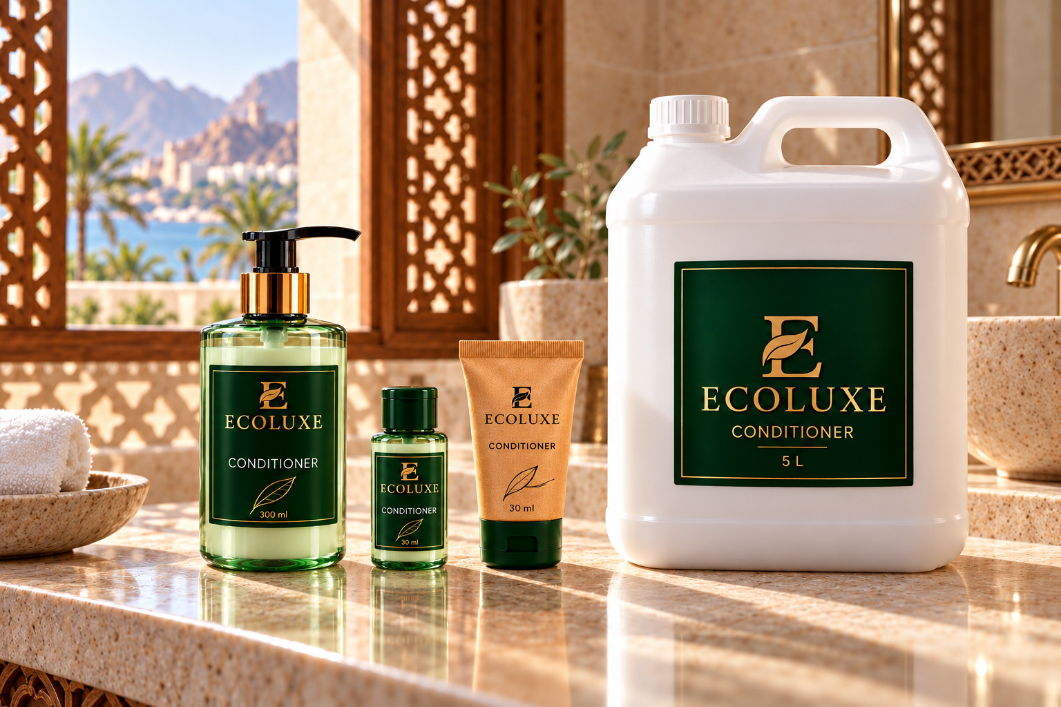 ECOLUXE Conditioner in 300 ml bottle, 30 ml mini bottle, 30 ml tube and 5 Ltr white gallon