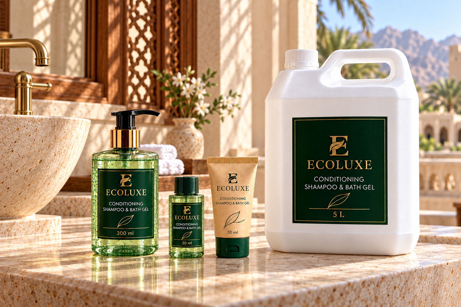 ECOLUXE Conditioning Shampoo & Bath Gel in 300 ml bottle, 30 ml mini bottle, 30 ml tube and 5 Ltr white gallon