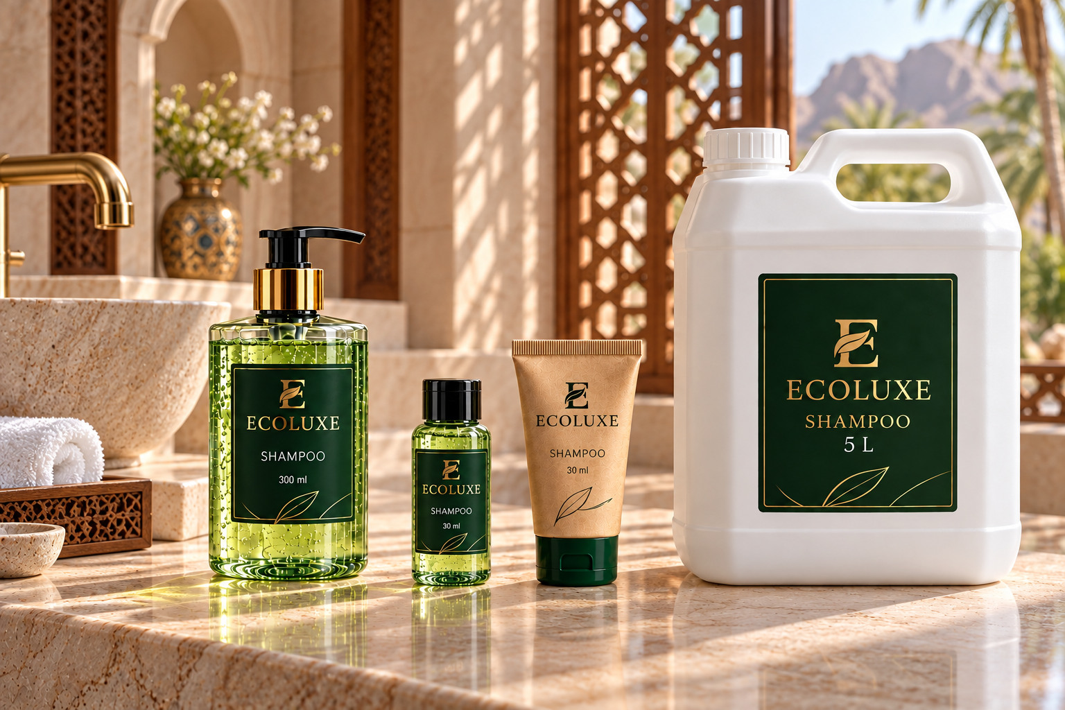 ECOLUXE Shampoo in 300 ml bottle, 30 ml mini bottle, 30 ml tube and 5 Ltr white gallon