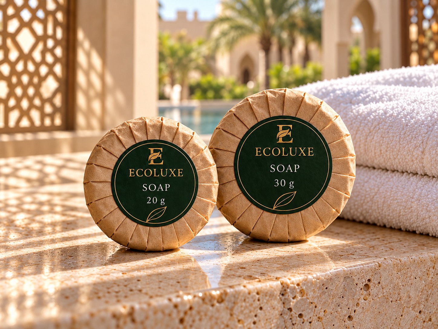 ECOLUXE round soap, 20 g and 30 g, in kraft paper wrapping